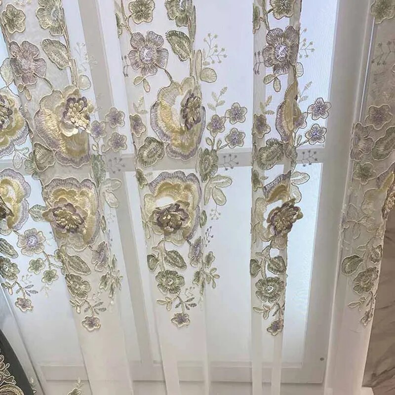 3D Flower Motif Embellished Polyester Fabric Voile Window Curtain / Ruchi