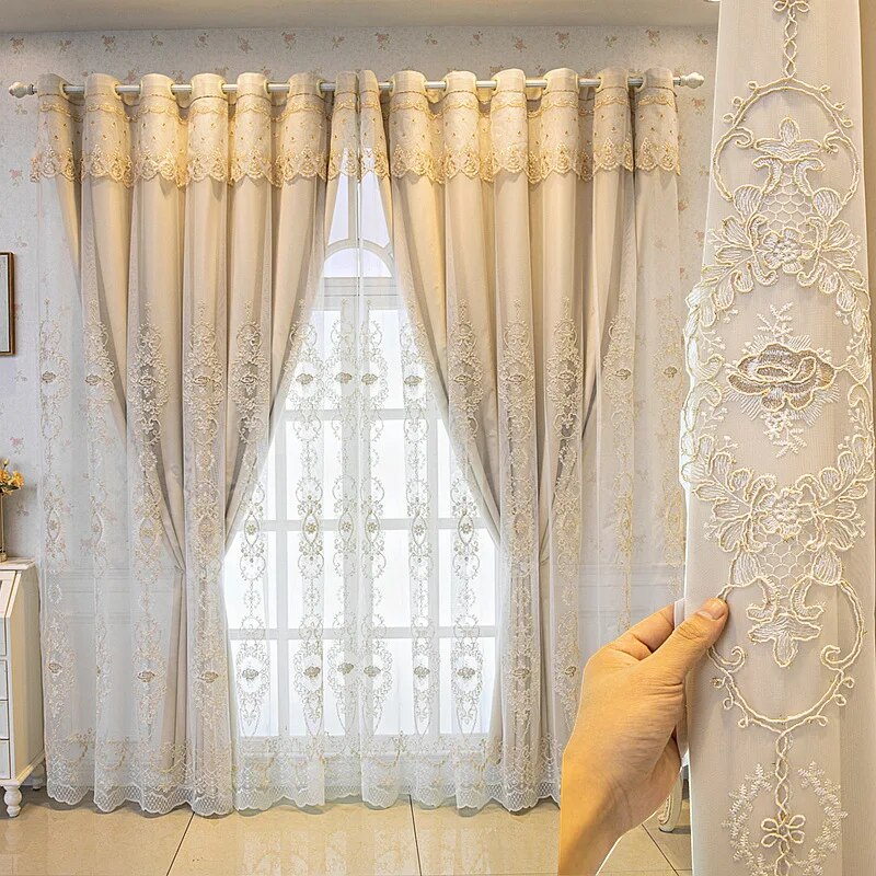 Elegant Double Layer Pattern Embroidered Tulle Window Curtain / Ruchi