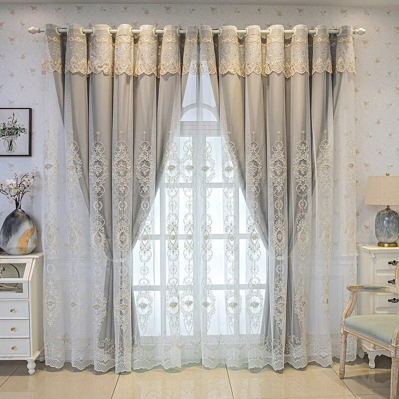 Elegant Double Layer Pattern Embroidered Tulle Window Curtain / Ruchi