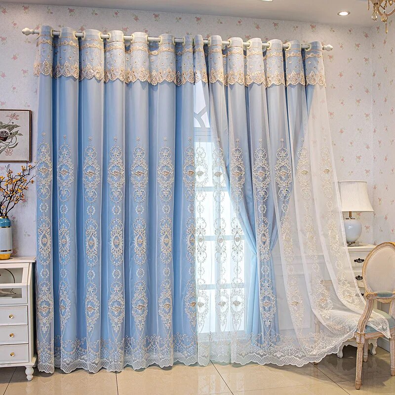 Elegant Double Layer Pattern Embroidered Tulle Window Curtain / Ruchi