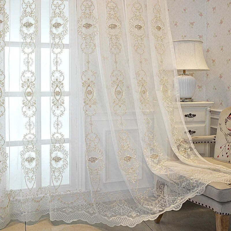 Elegant Double Layer Pattern Embroidered Tulle Window Curtain / Ruchi