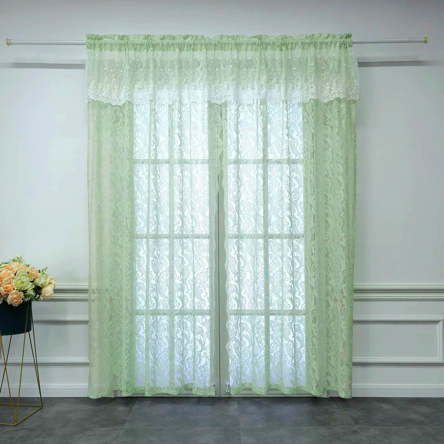 2 Pieces Green Valance Style Tulle Polyester Window Curtain / Ruchi