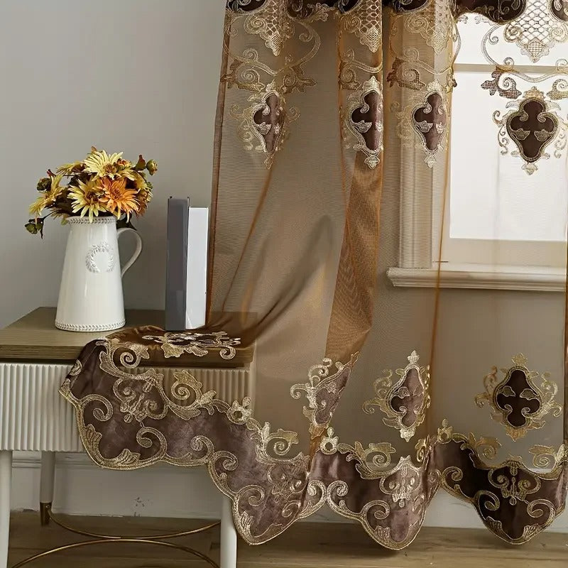 European Marvelous Embroidery Coffee Colored Polyester Fabric Tulle Window Curtain / Ruchi