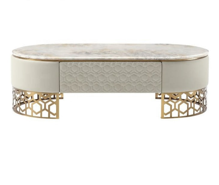 Astounding Marble Top Leather Upholstered Coffee Table / Ruchi