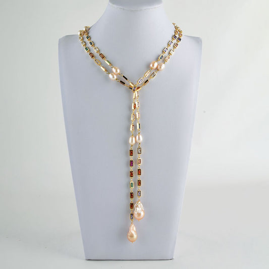 50" Colorful Stone Pink Pearl CZ Pave Long Necklace / Ruchi