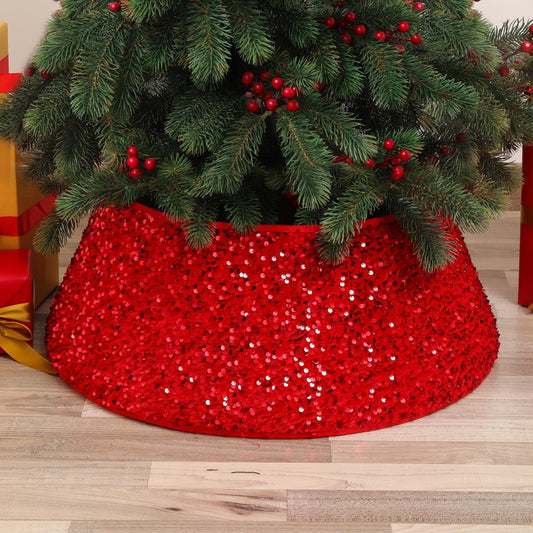 Glitzy Circular Skirt Design Red Fabric Christmas Tree Base / Ruchi