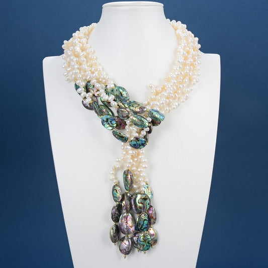 49" Green Abalone Shell White Pearl Necklace / Ruchi