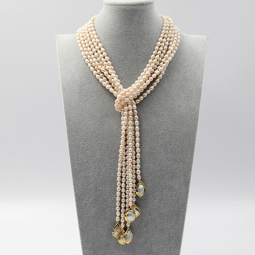 Lariat Style Women's 6 Rows White Pearl Necklace / Ruchi