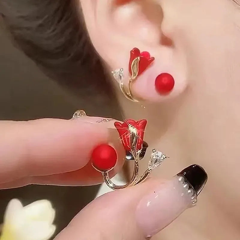Endearing Tulip Flower Design Pearl Metal Stud Earrings / Ruchi