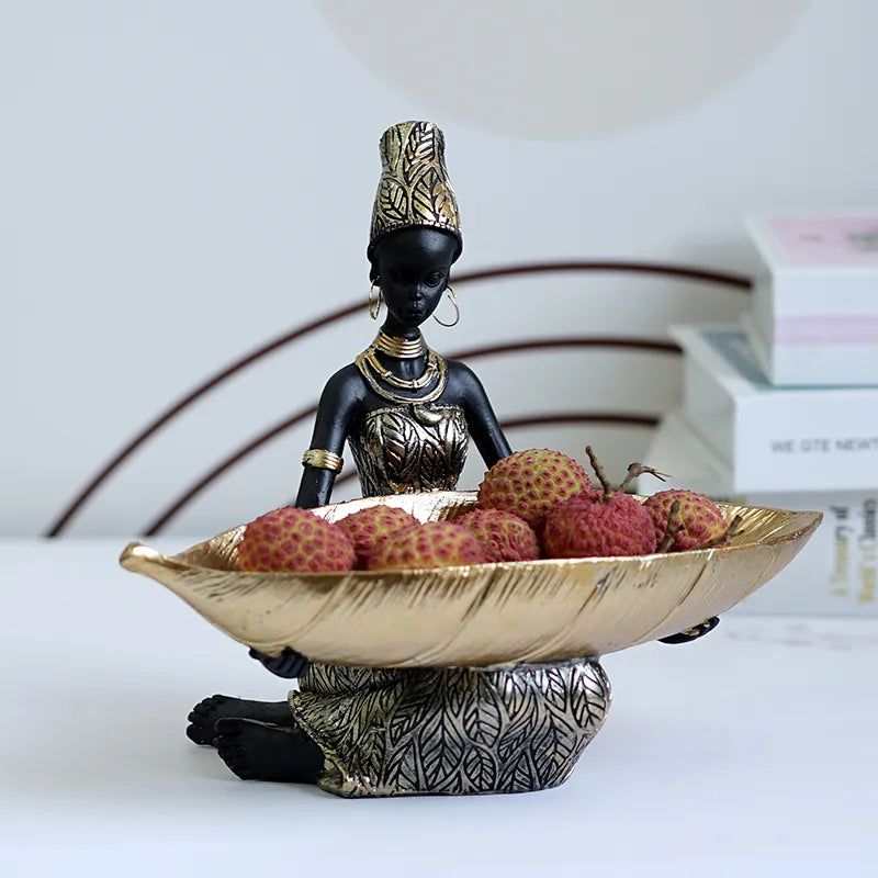 African Sitting Lady Holding Leaf Design Bowl Showpiece / Ruchi