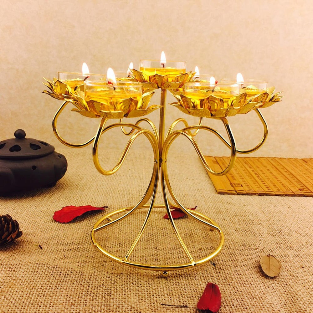 Elegant Lotus Design Golden Finish 7 Pc Candle Holders / Ruchi