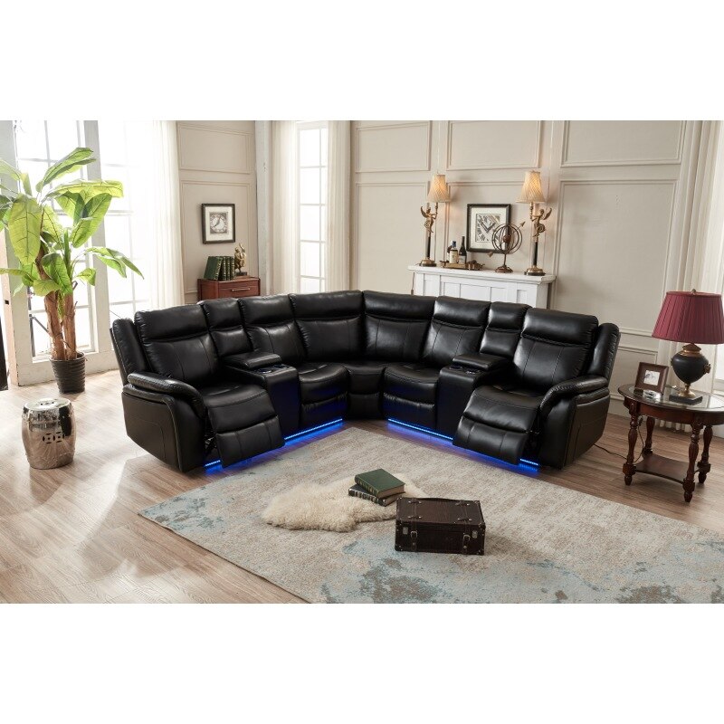 Faux Leather Power Recliner Sectional Sofa With LED Light / Ruchi