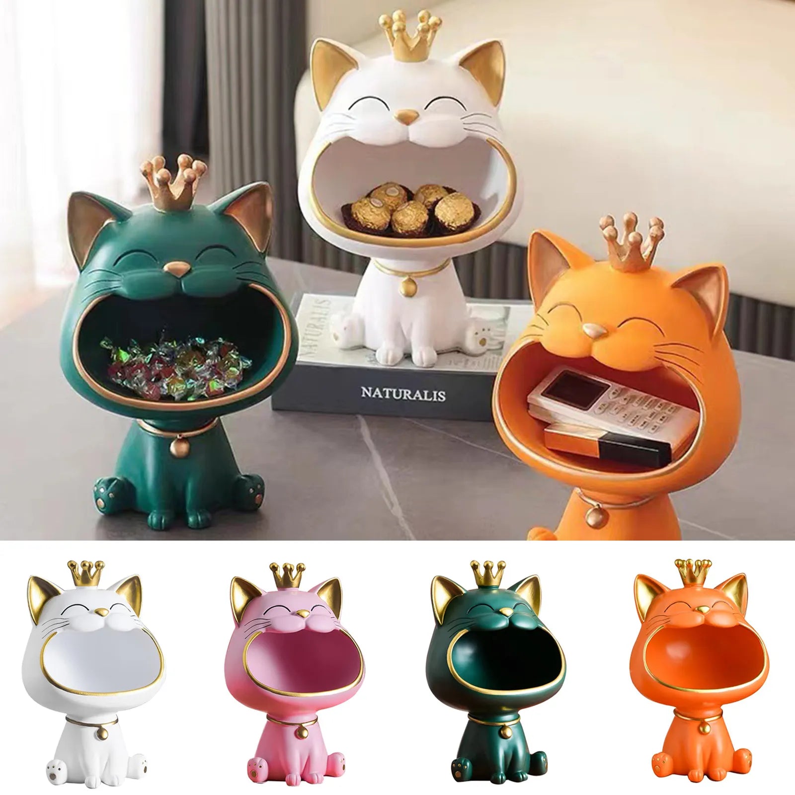 Endearing Laughing Cat Resin Statue With Storage / Ruchi