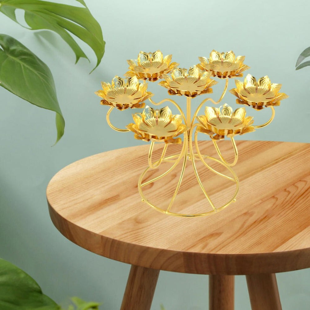 Elegant Lotus Design Golden Finish 7 Pc Candle Holders / Ruchi