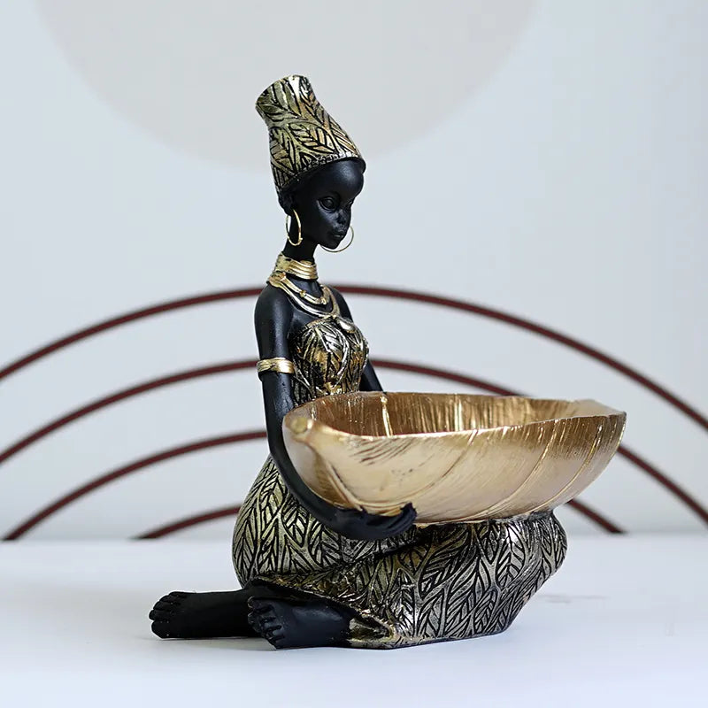 African Sitting Lady Holding Leaf Design Bowl Showpiece / Ruchi
