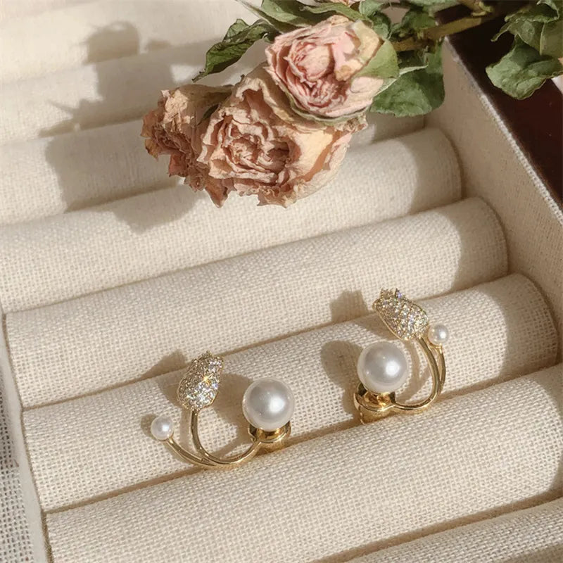 Endearing Tulip Flower Design Pearl Metal Stud Earrings / Ruchi