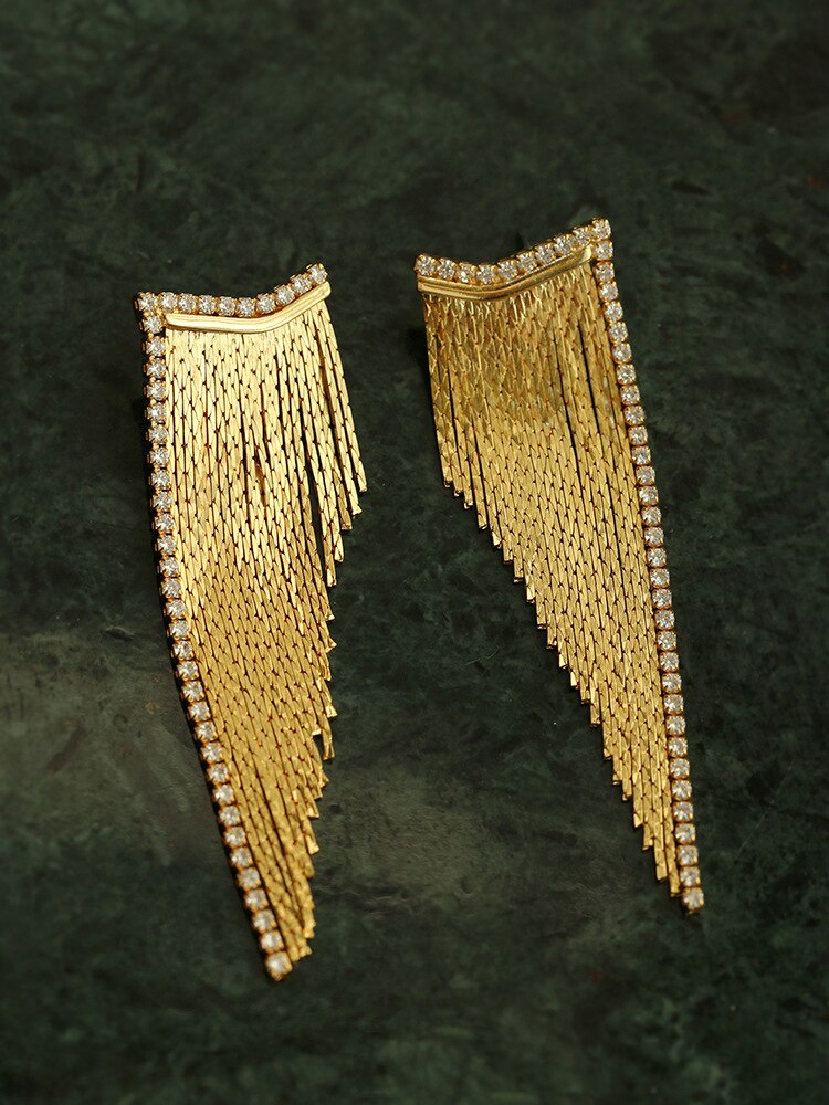 1 Pair Tassel Design Zirconia Brass Golden Earrings / Ruchi