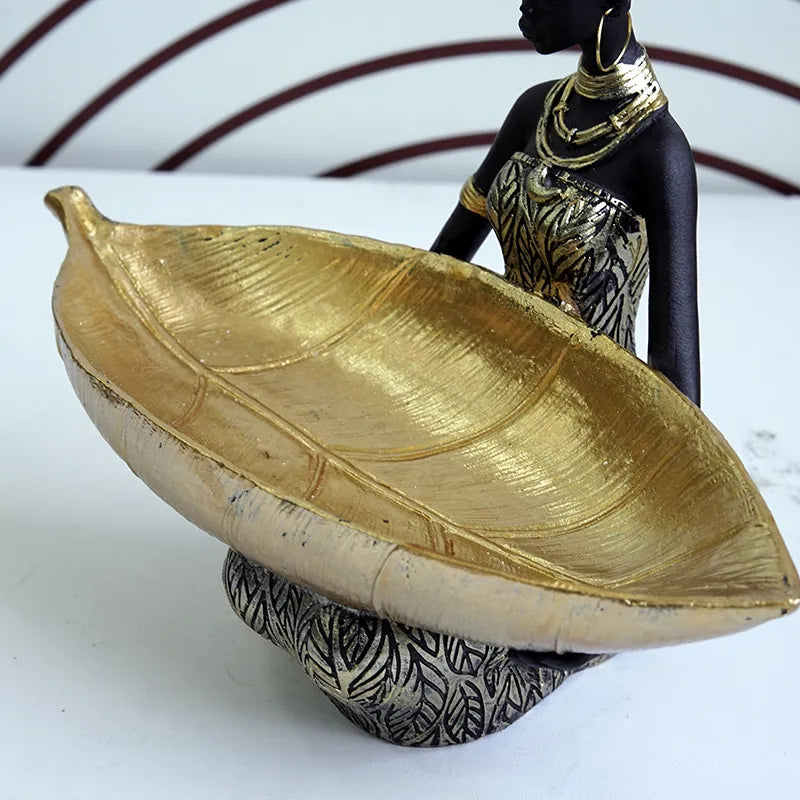 African Sitting Lady Holding Leaf Design Bowl Showpiece / Ruchi