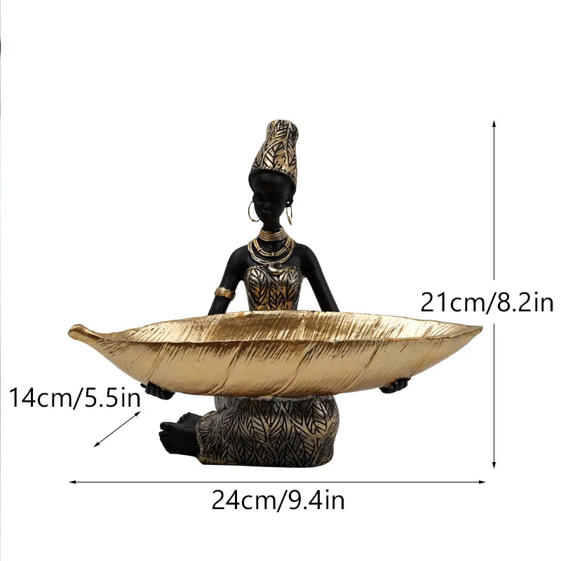 African Sitting Lady Holding Leaf Design Bowl Showpiece / Ruchi