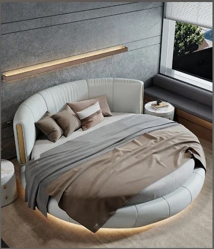 Modern Leather Upholstered LED Strip Wooden Round Bed / Ruchi