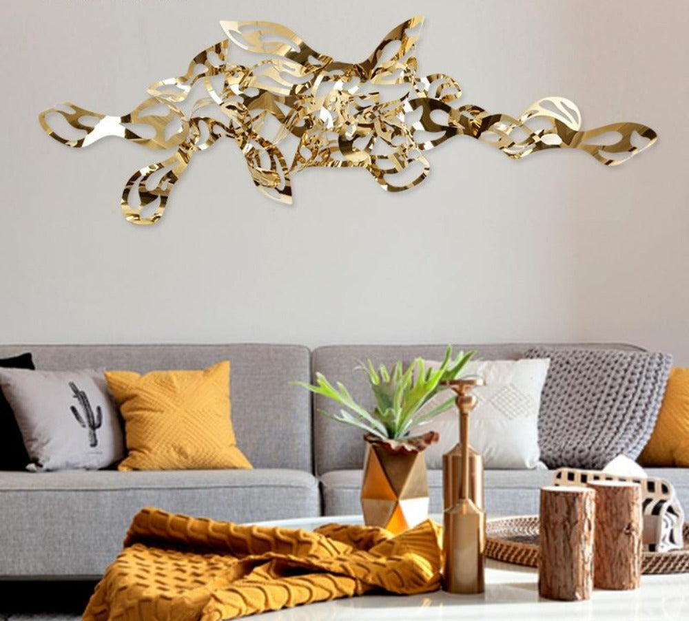 3D Stylistic Wavy Lines Abstract Golden Metal Wall Hanging / Ruchi