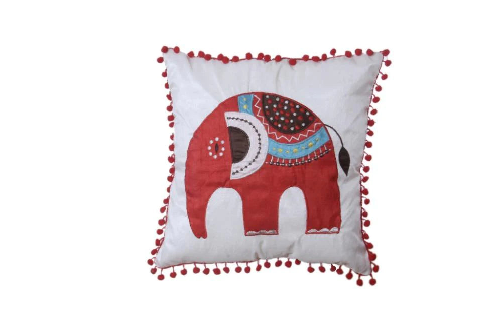 Beautifully Handmade Cotton Blend Cushion Cover With Pom Pom / Ruchi