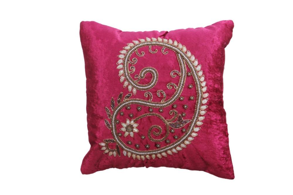 Luxurious Set Of 5 Pink Velvet Cushion Cover With Pearl Embroidery / Ruchi