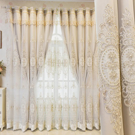 European Style Flower Embroidery Valance Tulle Polyester Fabric Window Curtain / Ruchi