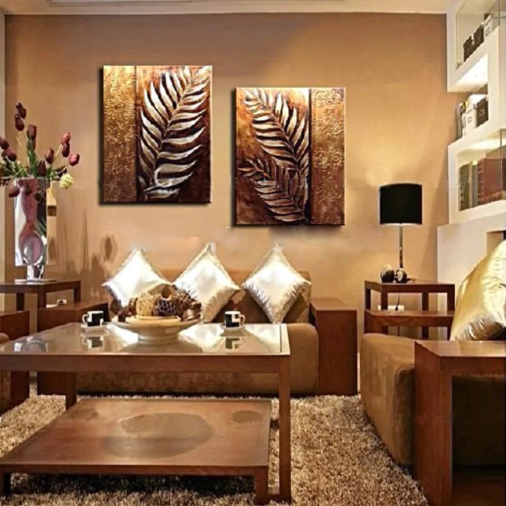 Modern Abstract 2 PCS Golden Leaf Oil Painted Canvas / Ruchi