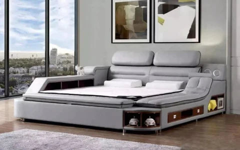 Astonishing Ultra-Modern Grain Leather Upholstered Queen Size Smart Bed / Ruchi